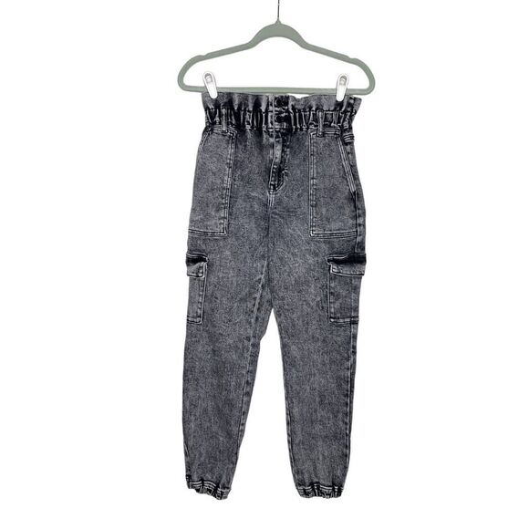 KanCan High Waist Charcoal Acid Wash Paperbag Waist Jogger Jeans Size 3/25 Pants - Picture 1 of 12